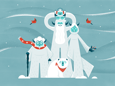 Happy Holidays! abominable snowman art baby bird character christmas cold family grandma holidays illustration pets polar bear scarf snow solstice texture vector winter yeti