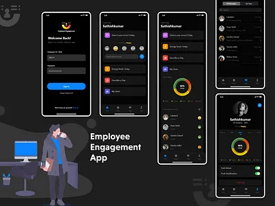 Employee Engagement App app booking branding calendar dark theme dark ui design designer funding icon illustrator latest trend ui uidesign uiux uxdesign xd design
