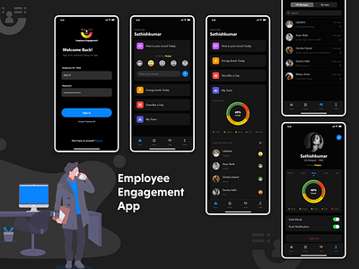 Employee Engagement App app booking branding calendar dark theme dark ui design designer funding icon illustrator latest trend ui uidesign uiux uxdesign xd design