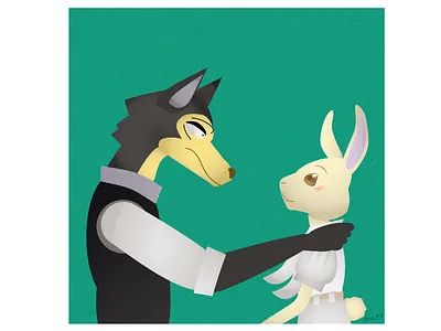 Love Story (Beastars: Haru and Legosi) anime beastars cartoon cute flat furry haru illustration illustrator japan legosi love manga minimal postcard rabit romantic wolf