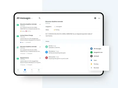EverCheck Messages IOS tablet app app design clean clear email evercheck filter healthcare inbox interface ipad ipad app list messages mobile popup tablet ui user interface ux uxui