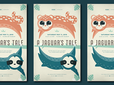 A Jaguar's Tale animals cat childrens illustration circle geometic hanging jaguar jumping leaf poster sloth theatre