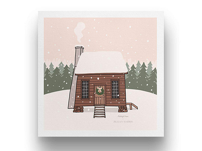 Jillian Harris collab cabin cabin in the woods cozy digital download drawing dusk illustration jillian harris kelowna log cabin okanagan print smoke snow snowy forest subscription box trees winter art winter scene wood