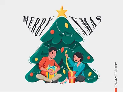 Boxing Day boy character christmas couple design digital art female festive gifts girl illustration love male man ornaments people presents tree typogaphy woman