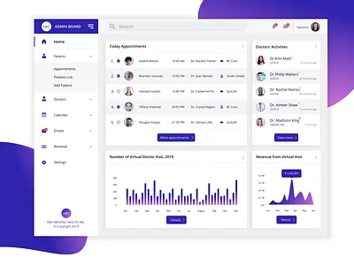 Admin Dashboard for Virtual Doctor Appointment for Mental Health admin board admin dashboard appointment chart clincs data data visulization design doctor appointment doctors gradient graphic graphy health purple revenue virtual doctor