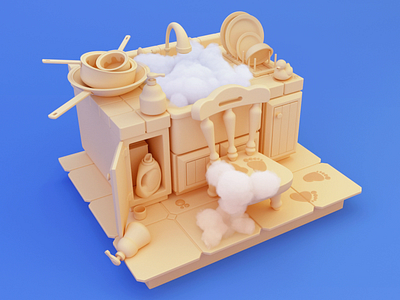 "I'm helping!" Clay 3d bubbles c4d cute foam kitchen model turntable