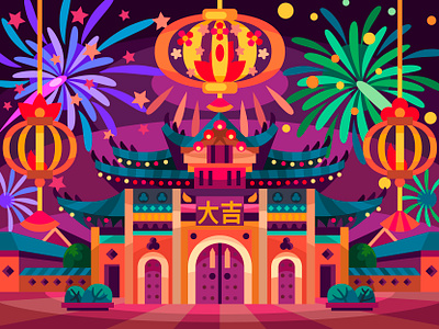 Chinese temple art chinese chinese new year design digital illustration landscape new year temple vector