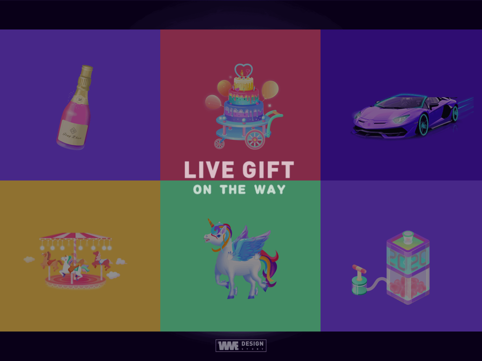 LIVE GIFT-WME WORKS affinity designer balloon birthday cake cake car carousel champagne design happy birthday illustration live gift sports car unicorn wme