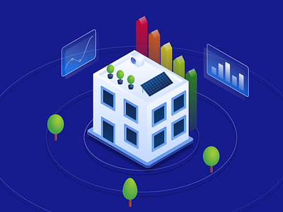 Hero Isometric Illustration adobe blue building certificate energy graph hero illustration illustrator isometric isometric illustration jakub jezovic remote solar tech tree trees twg vector