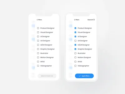 Filter app button card checkbox clean designer figma filter jobpost jobs list mobile app mobile ui mobilefilter title type ui ux uxui white