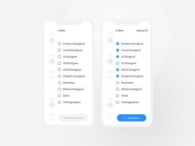 Filter app button card checkbox clean designer figma filter jobpost jobs list mobile app mobile ui mobilefilter title type ui ux uxui white