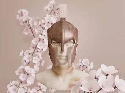 A Warrior Queen 3d 3d art bruise bust conflict design female female character flowers girl head helmet illustration injury ornament sakura spartan war warrior woman