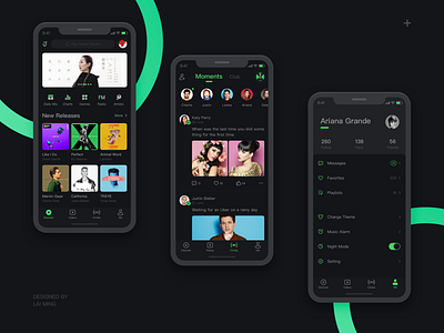 Music App app artist beyonce black dark dark mode green gui icon icons katy perry list music night night mode phone play theme ui ux