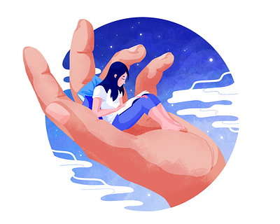 Reading Thumbelina blue character girl hand illustration procreate reading textures