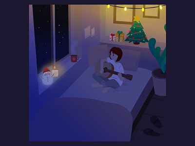 Christmas Room after effect bedroom candle christmas christmas tree design character girl guitar hot chocolate illustration room snowman star starry night vector vector illustration