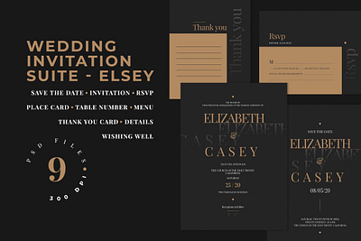 Wedding Invitation Suite - ELSEY black card classy delicate design diy elegant feminine gold invitation invitation card invitation design invitations invite luxury minimal modern royal wedding card wedding invitation