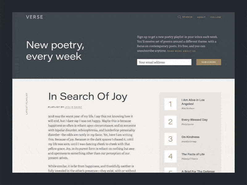 Verse Homepage Design Scrolling content design inspiration literature marketing design poetry responsive responsive web design responsive website design typography ui ui design ux ux design web design