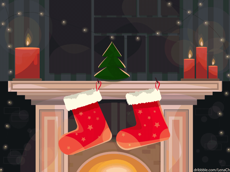 Christmas dogs gift animation candles character christmas colorful cute dog fire fireplace gift holidays illustration interior light newyear night room santaclaus sock vector