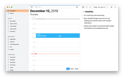 Design for a timeline view inside NotePlan calendar day desktop app macos macosx timeline