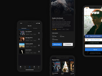 VIFF – Guided Walkthrough and Inner Screens animation app blue dark mode dark theme dark ui design film interaction minimal movie app ui ux white space