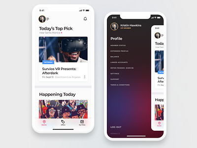 Surkus App Profile Redesign app apple application clean event events feed ios menu menu bar minimal profile shane brown ui white