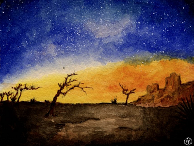 Desert Night Sky illustration ink traditional watercolor watercolour