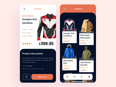 Jacket Ecommerce App app avengers avengersendgame biker brand branding clean clothing colorful design ecommerce fashion ios jacket trend typography ui uiux ux vector