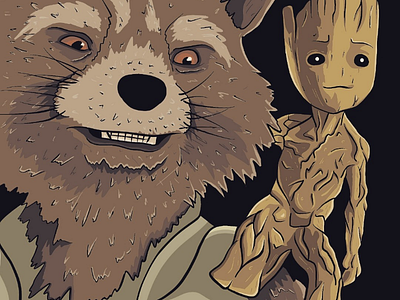 Rocket Raccoon and Baby Groot character drawing fanart groot guardians of the galaxy illustration ipad marvel mcu minimal minimalist procreate rocket raccoon