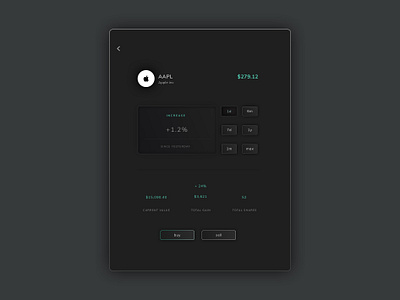 Trading app dark mode (tablet) - summary screen button clean dark dark mode design ipad minimal paper shares skeuomorph skeuomorphism stocks summary tablet tonal trading trading app trading platform ui ux