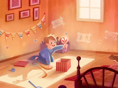 A child opening a gift ball boy child flat gift holiday illustration lovely sun transformation warm