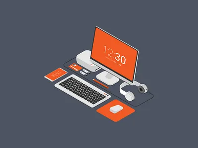 Isometric workplace [hone design flat headphones illustration notebook office vector