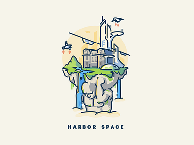 Harbour Space atlas city coworking space future future logo futuristic city gods illustration island linework logo logo design space spaceship spaceships titan titans vector