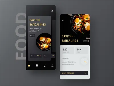 Food Mobile Ui app cook cooking dark dark ui design eggs food health kcal kit order ui