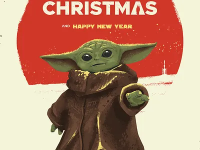 baby yoda poster baby yoda christmas design digital art disney fan fan art holiday illustration mandalorian new year poster star wars texture