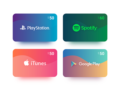 Gift Cards application card cards colorful design gift card google play itunes playstation spotify ui