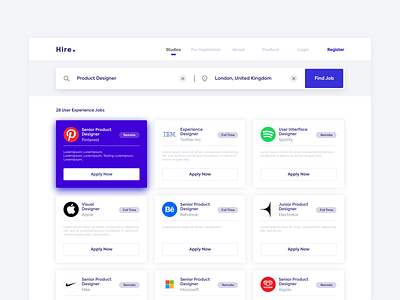 Hire - Job Search Engine app app design clean dashboard dashboard ui hire illustration job engine job portal job search product design purple searching web app whitespace