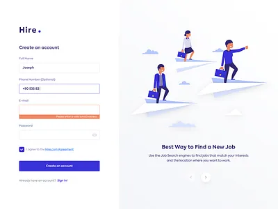 Hire - Job Search Engine address agree cloud create create account email fill hired illustration job engine login login page name password purple signin surname