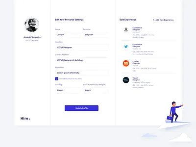 Hire - Job Search Engine app clean dashboard dashboard ui edit experience fill hire illustraion information job job engine job portal profile update ux ui web app whitespace