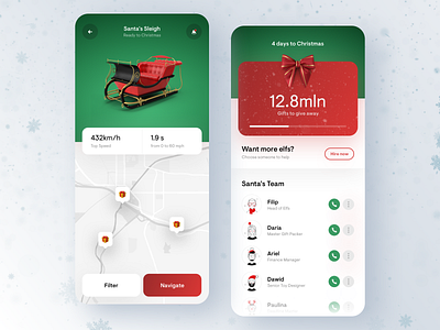 Santa's Application - Christmas Manager 🎅🏻🎁🎄 app card christmas clean design digital elfs gift gift card gradient green map minimal mobile ribbon santa ui ux white winter