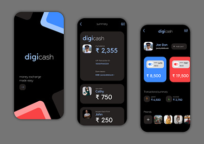 Digicash - digital transaction app concept in dark mode adobe illustrator adobe xd app branding design illustration illustrator ui ux vector