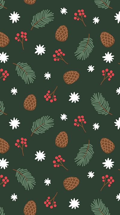 Free wallpaper berries forest free download green handdrawn pattern holiday illustration mobile background nature pattern phone wallpaper pine pinecone print seamless snow stars the woods winter