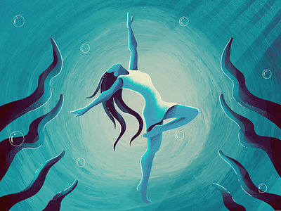 The Aqua Girl-2 abstract aqua art blue color concept dance deepblue dribbleshot fish flat illustration girl illustration plants sea shades texture underwater vector