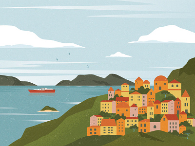 Seaside Town boat illustration landscape sea seaside sky