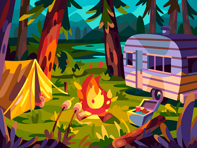 Campfire art campfire camping cartoon design illustration landscape vector