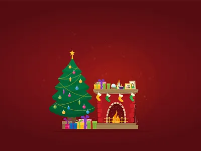 Christmas illustration - fireplace and tree with gifts christmas design fireplace flat illustration tree vector