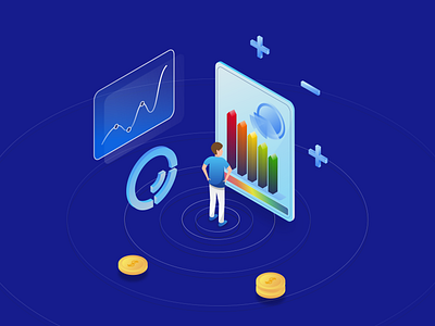 Project Evaluation audit blue certification character coin energy evaluation freelance freelancer gradient graph illustration illustrator isometric jakub jezovic plus project remote vector