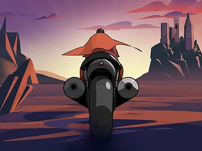 Game scene design adventure design illustration motorbike mountains rock tower wilderness