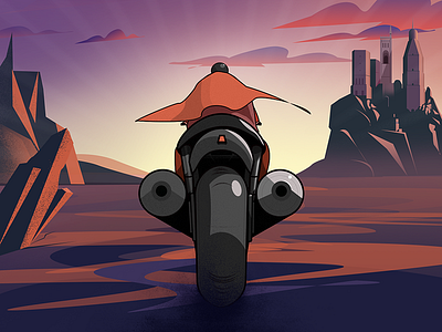 Game scene design adventure design illustration motorbike mountains rock tower wilderness