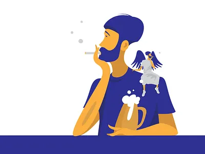 Smoking mMan with angel and beer angel beer blue illustration man ochre smoking