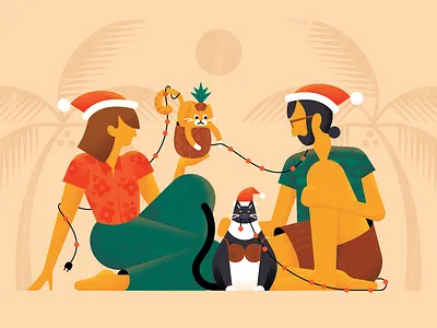 Mele Kalikimaka art beard cat characters christmas coconut bra design family floral hawaiian holidays illustration outfit palm tree pineapple santa hat sitting texture brushes vacation vector